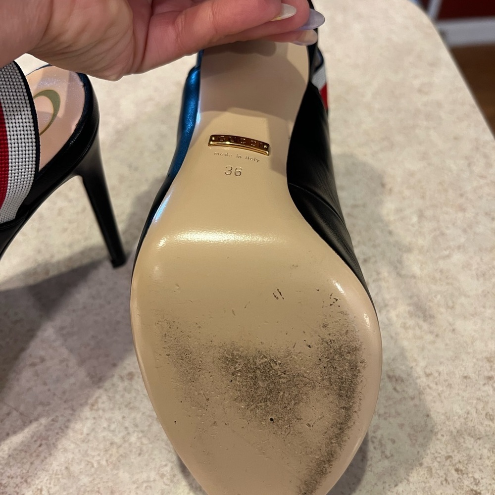 GUCCI SYLVIE WEB SLINGBACK BLACK LEATHER 3.25" HEELS PUMP SHOES 36 - Picture 13 of 14